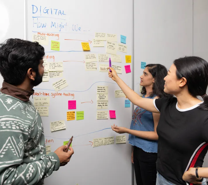 Students gathered around white board with sticky notes